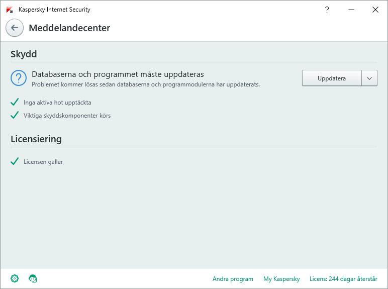 Utvärdera datorns skyddsstatus och lösa säkerhetsproblem Problem med datorskyddet visas med indikator i den övre delen av programmets huvudfönster. Grönt indikerar att din dator är skyddad.