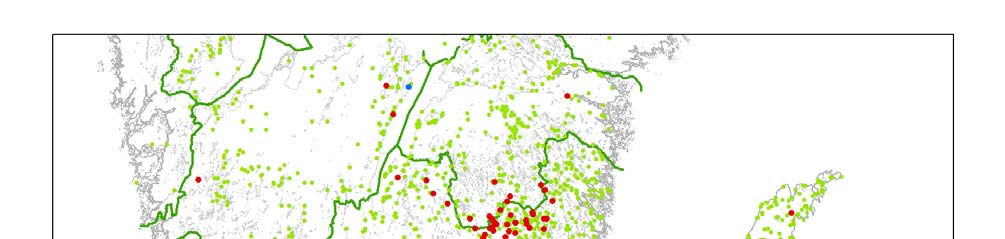 Fig. 3. Undersökta lokaler och fyndlokaler för barbastell i Sverige 1978 2006.