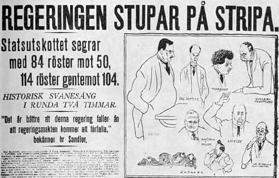 Karikatyr av Sandlers regering var införd i Dagens Nyheter 2 juni 1926 När sedan gruvkrisen kom i början av 1920-talet skulle dessa krafter sättas på prov.