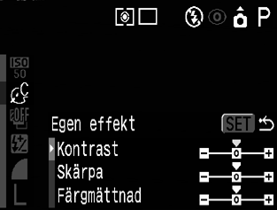 Ändra fotoeffekten (forts.) När har valts En skärmbild där du kan ange kontrast, skärpa och färgmättnad visas när du trycker på SET.