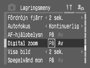 Digital zoom Inställningsratt Med funktionerna för optisk och digital zoom tillsammans kan du zooma in bilder på följande vis. 4,7x, 6x, 7,7x, 9,6x, 12x och 16x.