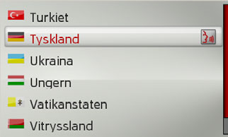 >>AVIGATIONSFUNKTION L Välja land Om ett målland redan har matats in bibehålls detta tills du väljer ett annat land. > Välj posten med mållandet för att komma till urvalslistan med länder.