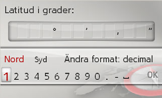 1 2 3 > Använd 1 för att välja önskad riktning för den geografiska bredden. > Välj önskade siffror med siffrorna vid 2.