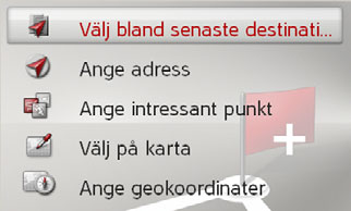 >>AVIGATIONSFUNKTION L > Välj Start för att starta färdvägens vägledning eller välj en av följande beskrivna funktioner. Ruttlista Visar en lista med de enskilda etapperna.