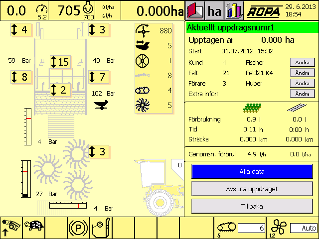 kapitel 6.3.4.4) Vid maskiner med GPS-körhastighetsmätning (tillval) anges med den gröna satelliten att ytberäkning via den slirlösa hastigheten är aktiv.