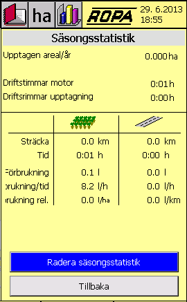 Såsom tillval kan ytterligare information matas in, som är av betydelse för detta uppdrag. De automatiskt registrerade värdena utvärderas generellt uppdelat på "Åker" och på "Gata".