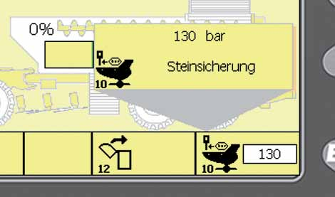 6 Drift 6.12.12.9 Ställa in stenskyddstrycket För att ställa in stenskyddstrycket väljs positionen 10 på manöverdel II med vridvalsbrytaren.
