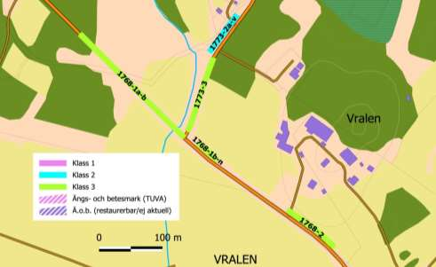 O 1768-1 Vralen väster och O 1768-2 Vralen öster 1768-1: Smalare vägkanter med gott om renfanan och flockfibbla.