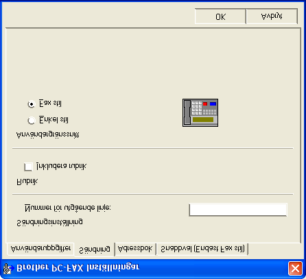 Använda Brother PC-FAX-funktionen (För Windows ) Ställa in Sändning Klicka på fliken Sändning i dialogrutan Brother PC-FAX Inställningar.