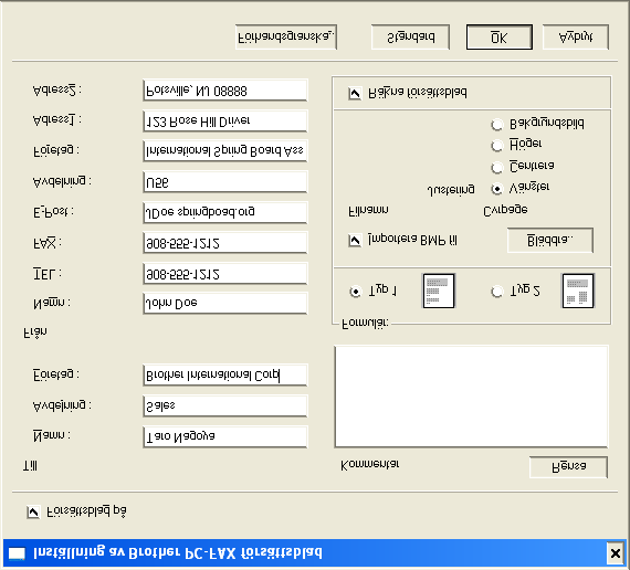 Använda Brother PC-FAX-funktionen (För Windows ) Ställa in försättsblad Gå till dialogrutan PC-FAX och klicka på för att nå dialogrutan Inställning av PC-Fax försättsblad.