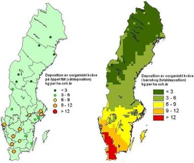 Kvävenedfall Atmosfärisk deposition av kväve innebär att betydande mängder näring tillförs i såväl terrestra som marina ekosystem.