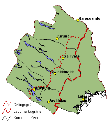 Bilaga B Kartan visar var lappmarksgränsen, tillika den gräns som idag utgör gräns för landskapet Lappland,