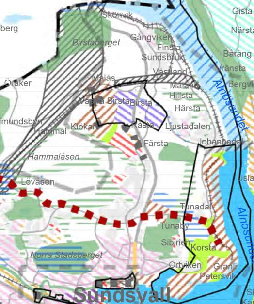 2.9.3 Översiktsplaner Den kommunövergripande markanvändningen beskrivs i Översiktsplan Sundsvall 2021 (antagen april 2014). Ett utdrag ur denna redovisas nedan. Figur 2.