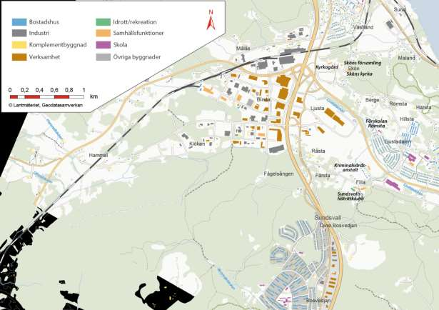 Figur 4.4:6 Utsnitt. Samhällsfunktioner i den västligare delen av utredningsområdet. Sundsvalls fältrittklubbs anläggning i Färsta inrymmer bl.a. ridhus, ridtält, ridplan och kafeteria.