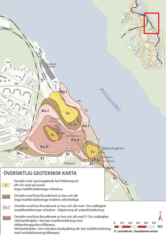 Figur 4.5:2 Översikt avseende geotekniska förhållanden i Malandsdalen.