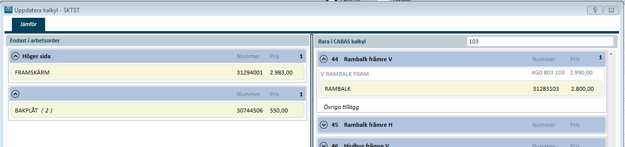 (arbetsordern) för t.ex. Rambalk. Användaren väljer sedan Lägg till (Add) i popup fönstret på t.ex. Rambalk fram.