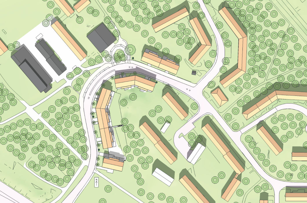 4 (9) S-Dp 2008-14804-54 Veidekke Situationsplan, AG arkitekter Veidekkes förslag innehåller ca 90 lägenheter i lamellhus längs med Bastuhagsvägen.