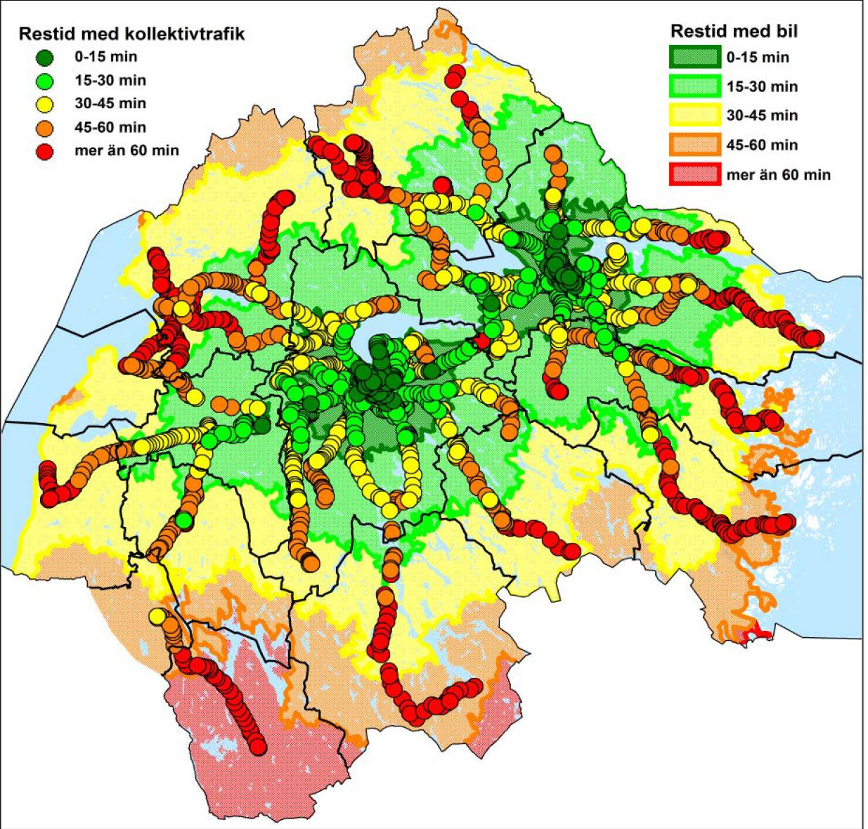 57 Restid med bil respektive kollektivtrafik till