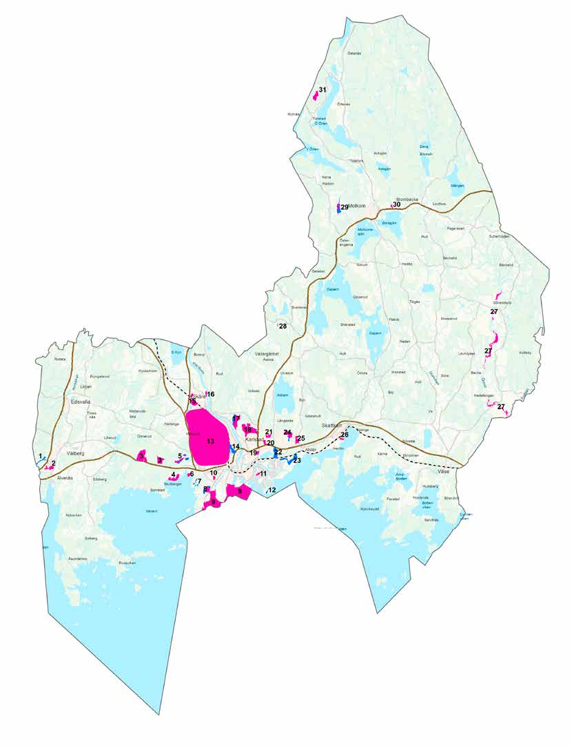 Skogar där förslag om långsiktigt skydd finns Utredningsområden 13 1 Vålbergsskogen 2 Älvenäs 3 Sörmon 4 Skutberget 5 Eriksberg 6 Bergviks udde 7 Grundviken 8 Bellevueberget 9 Klarälvsdetat 10