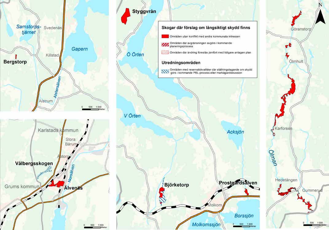 15 Skogar där förslag om långsiktigt skydd finns Områden utan konflikt med andra kommunala intressen Områden där avgränsningen avgörs i kommande planeringsprocess Områden där