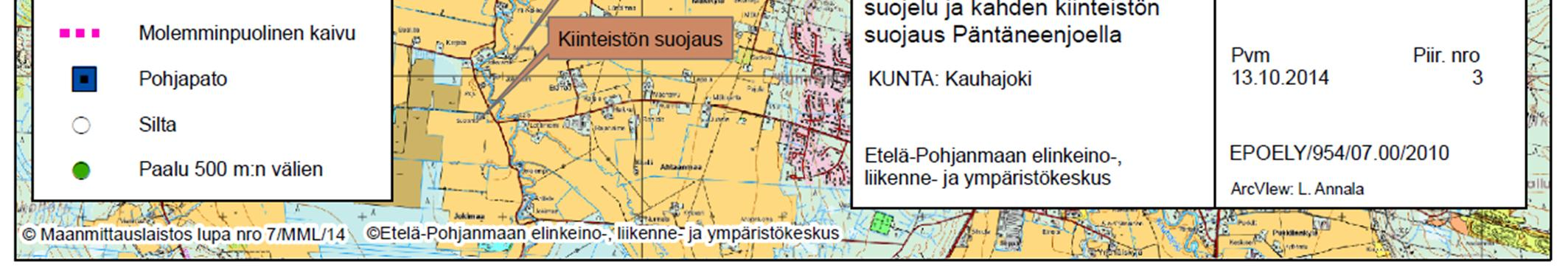 Projektet har delvis effekter även på områdets vattennatur och fiskerihushållning. Bild 56. Översiktskarta för översvämningsskyddsprojektet i det nedre loppet av Kainastonjoki å.