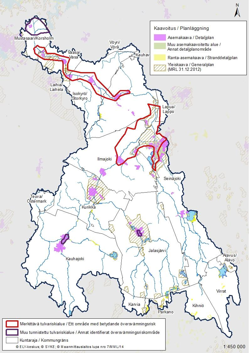 Bild 9. Generalplaner, detaljplaner och stranddetaljplaner i Kyro älvs avrinningsområde och dess omedelbara närhet (2012).