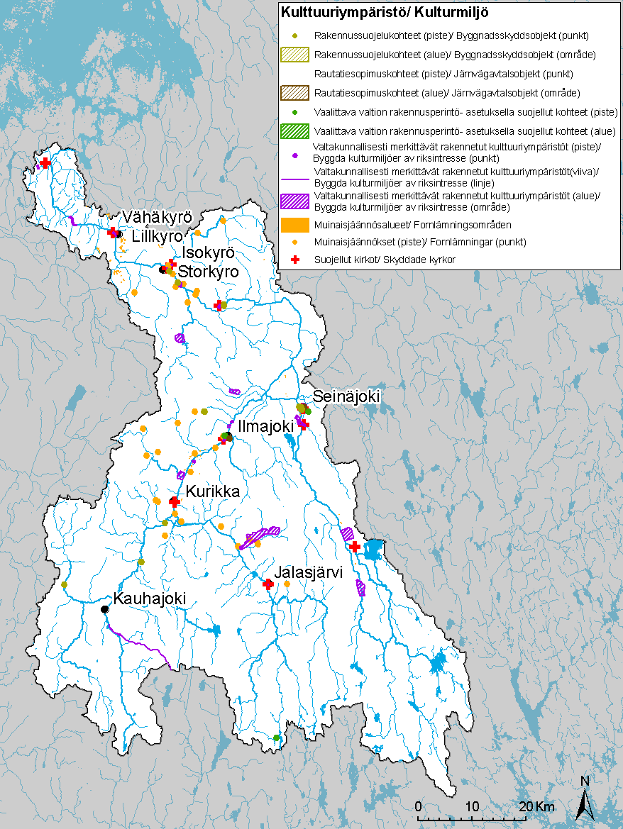 en inventering av byggda kulturmiljöer av riksintresse, som Museiverket utförde 2009, finns det i Kyro älvs avrinningsområde 25 kulturmiljöer av riksintresse.