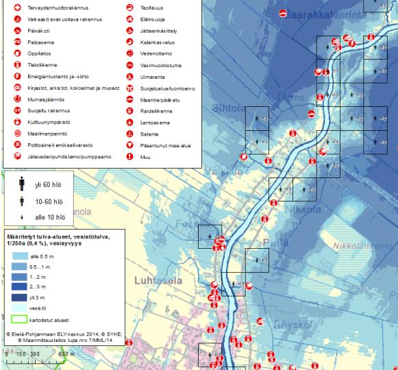 7.2 Kartering av översvämningsrisk invid Kyro älv och bedömning av skador En karta över översvämningsrisk visar den risk som beror på ett visst återkomstintervall som översvämningskarterats.