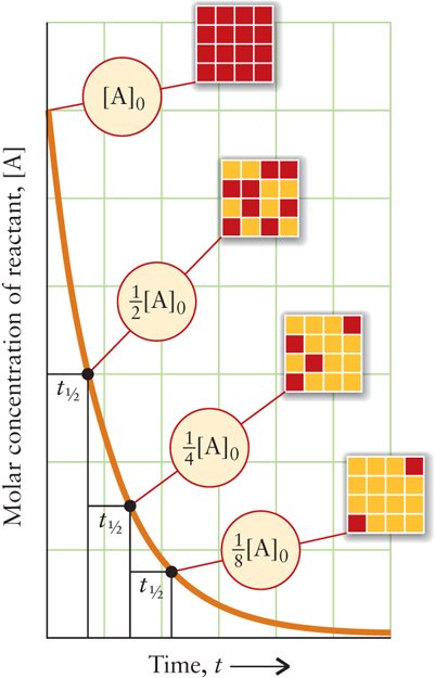 14.5 Halveringstiden t ½ Halveringstid (t ½ ): Den tid det tar att halvera startkncentratinen 1:a rdningens reaktin t ½ är knstant kan beräknas ur sambandet ln[a] = ln[a] 0 kt ln [A] t [A] 0 = kt kt