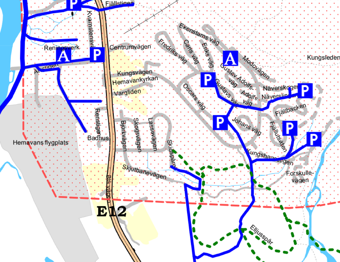 BEHOVSBEDÖMNING Sida 10 av 17 skoterförbudet. I det förslaget passerar en skoterspår norr och väster om planområdet. Blå linje är skoterspår, grönstreckad linje är elljusspår.