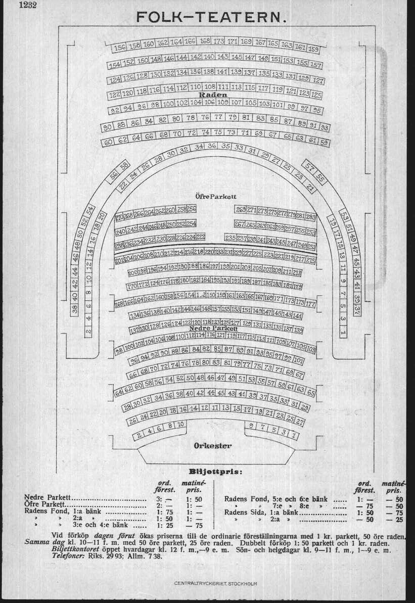 1232 FOLKTEATERN. ord. e s t. Nedre Parkett... 3:. I: 50 Ofre Parkett... 2: i: Radens Fond, 1:a bänk... 1: 75 1: n 2:a...,... I: 50 I: 9 3:e och 4:e bänk... 1: 25 75 Biljettpris: matiniprrs. ord. %st.