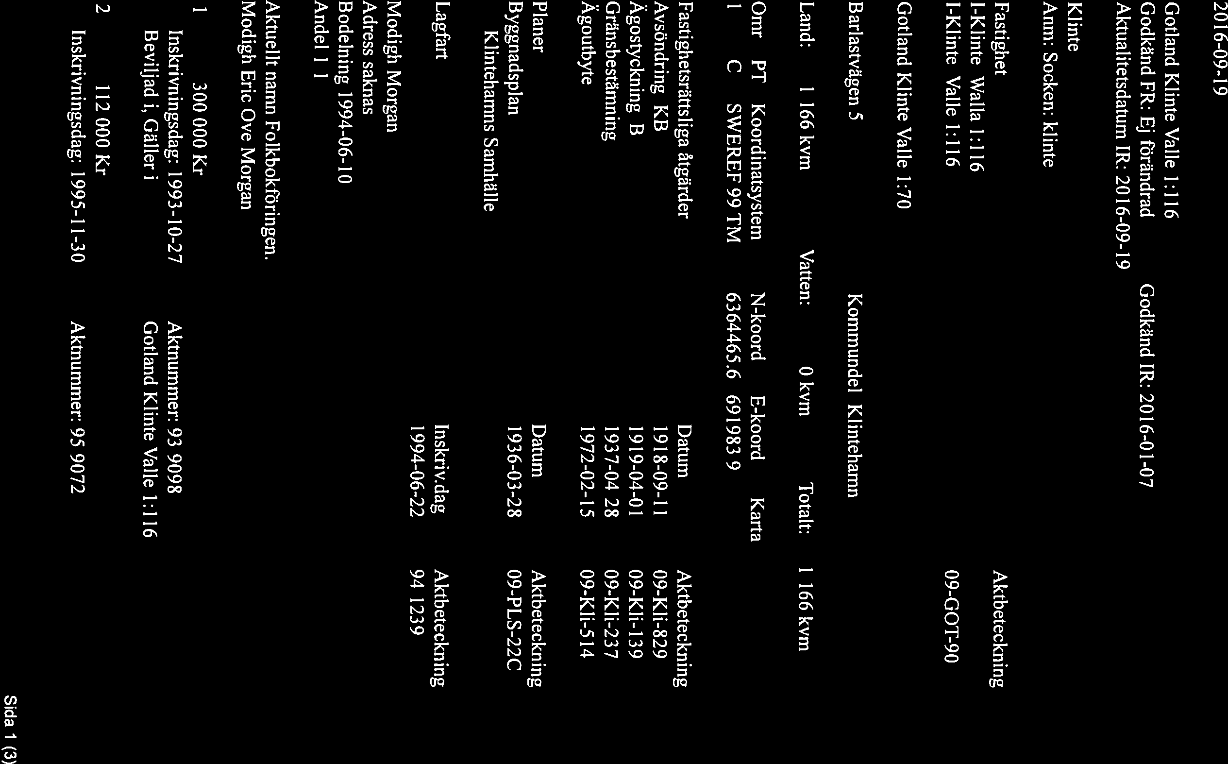 Bertwig FASTIGHETSFÖRMEDLING FASTIGHETSUTDRAG - KLINTE VALLE 1:116 Datum 2016-09-19 Fastighet Gotland Klinte Valle 1:116 Godkänd FR: Ej förändrad