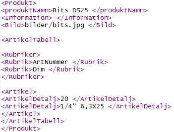 Figur 6 EN bild på hur XML dokumentet ser ut. XML dokumentet består av alla produkter som finns i sortimentet och i vilken ordning de kommer bestäms i PHP dokumentet.