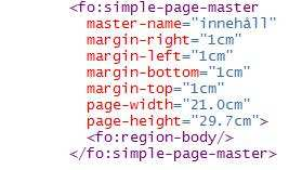 4.3.2. Skapandet av XSL-FO Sedan skapas XSL-FO dokumentet. I början av det så skapas en layout-master-set tagg som innehåller all information om vilka sidor som ska finnas med och dess utseende.
