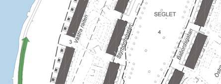 Exploateringen kan rymma ca 0 lägenheter i radhus/ marklägenheter. rinciper för kvarterets exploatering: Alla lägenheter bör få utsikt mot vattnet och uteplats mot söder eller väster.