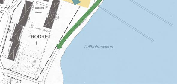 arkering för na anordnas mitt i kvarteret vilket ger möjlighet till utblickar. arkering anordnas i norra delen för småbåtshamnen och i södra delen för skolan/ idrottsplatsen.
