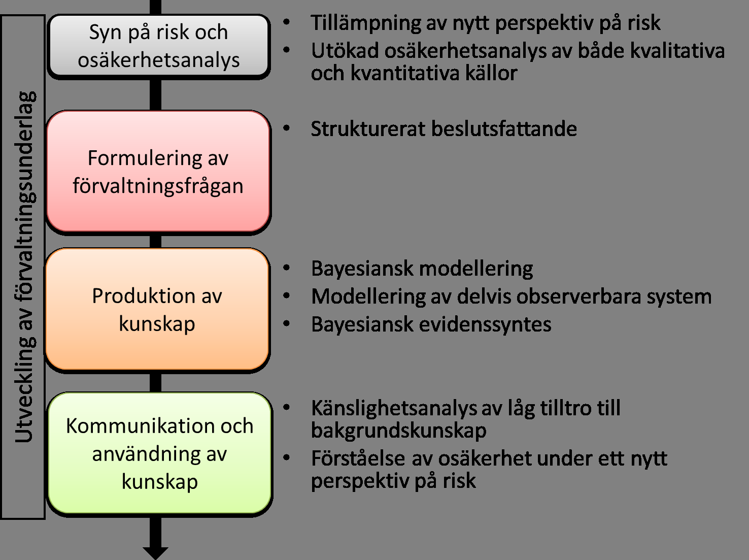 Ett ramverk för riskanalys utifrån ett nytt perspektiv på risk som är anpassat till typiska problem inom ekosystembaserad förvaltning består av kombinationer av: Vägledande råd för strukturerat