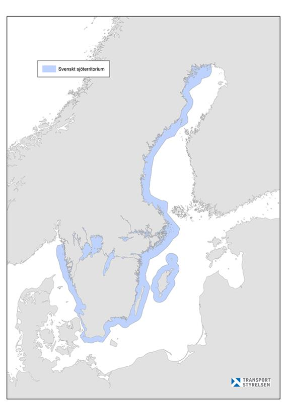 Figur 7. Ljusblå markering visar Sveriges sjöterritorium där förbudet mot att släppa ut toalettavfall från fritidsbåtar gäller från och med 1 april 2015 (Transportstyrelsen, 2015e).