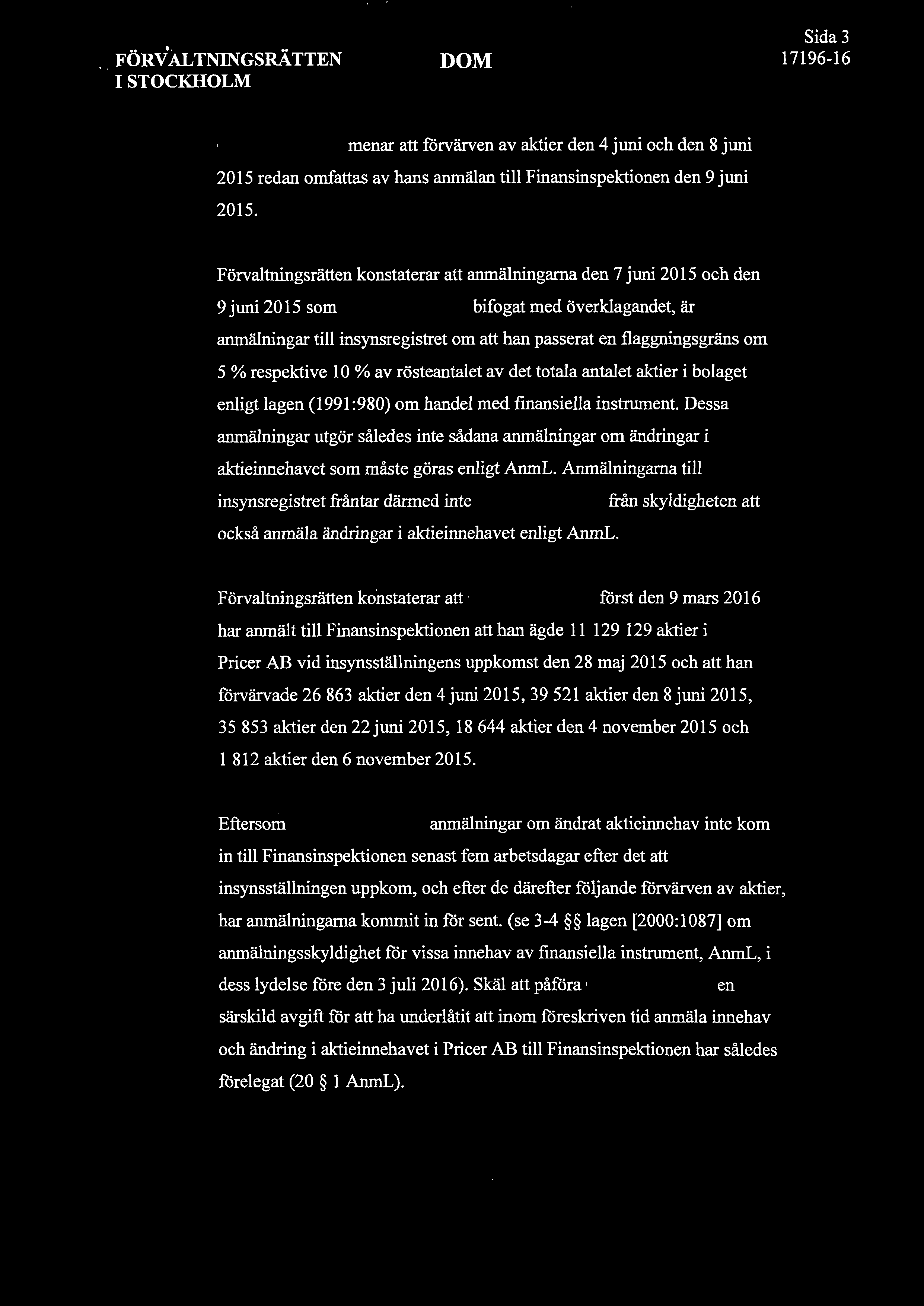 Sida 3 A menar att förvärven av aktier den 4 juni och den 8 juni 2015 redan omfattas av hans anmälan till Finansinspektionen den 9 juni 2015.