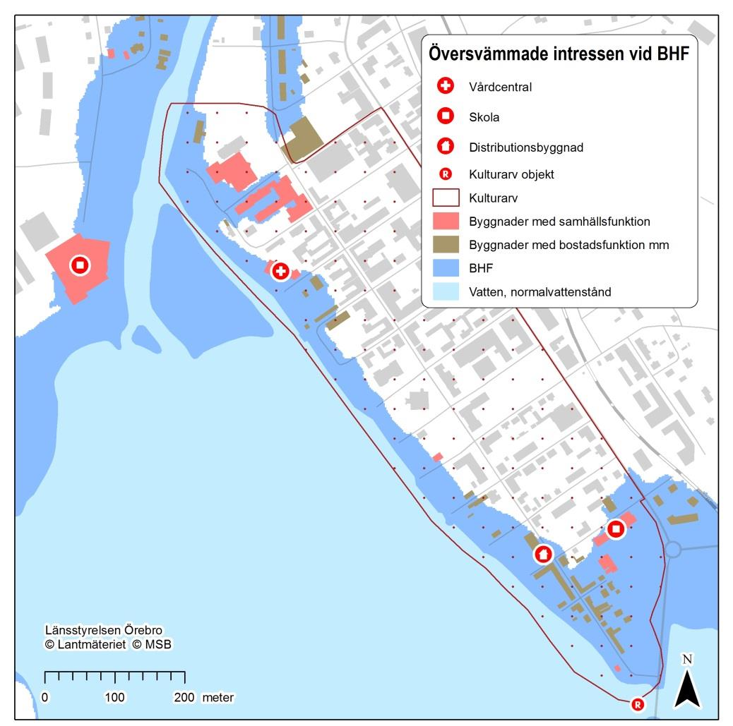 Figur 5. Intressen i Lindesbergs centrum som påverkas av BHF. Vattenskyddsområdet Rya och Lindesbergsåsen som är skyddad enligt VFF är ej utmarkerad. 4.2.