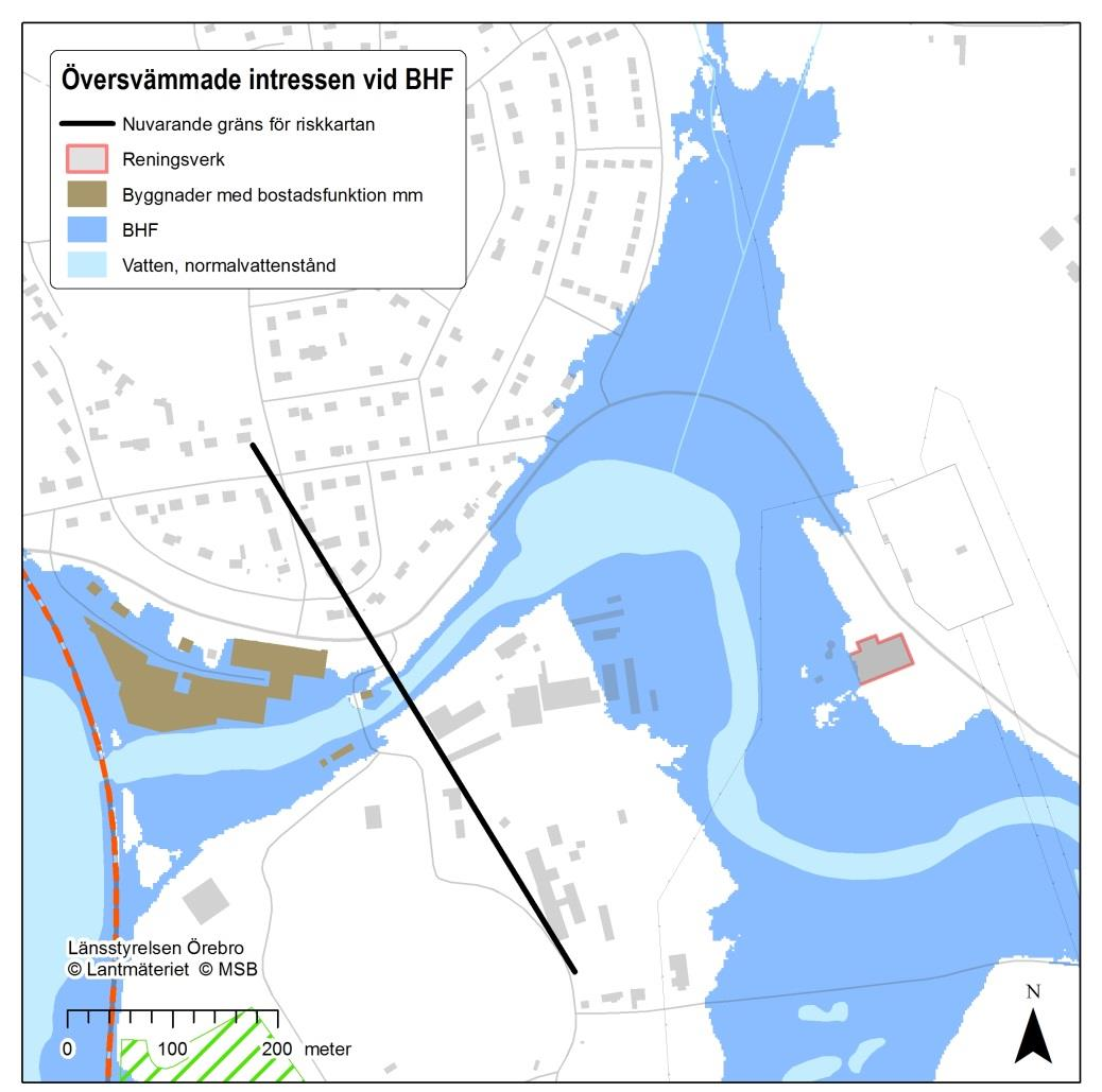 Figur 6. Ett urval av intressen i östra Lindesberg som påverkas av BHF. Lindesbergs avloppsreningsverk samt påverkat industriområde vid Dalkarlshytteån.