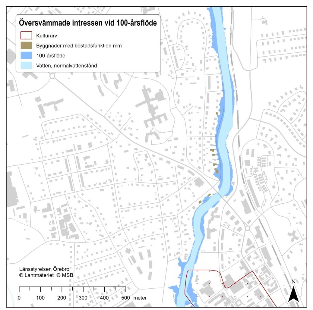 4.3 Slutsatser för 100-årsflödet Figur 8. Intressen i norra Lindesberg som påverkas av 100-årsflödet. Lindesbergsåsen som är skyddad enligt VFF är ej utmarkerad. 4.3.1 Påverkan på människors hälsa Vid en översvämning med omfattningen ett 100-årsflöde påverkas 3 personer (nattbefolkning).