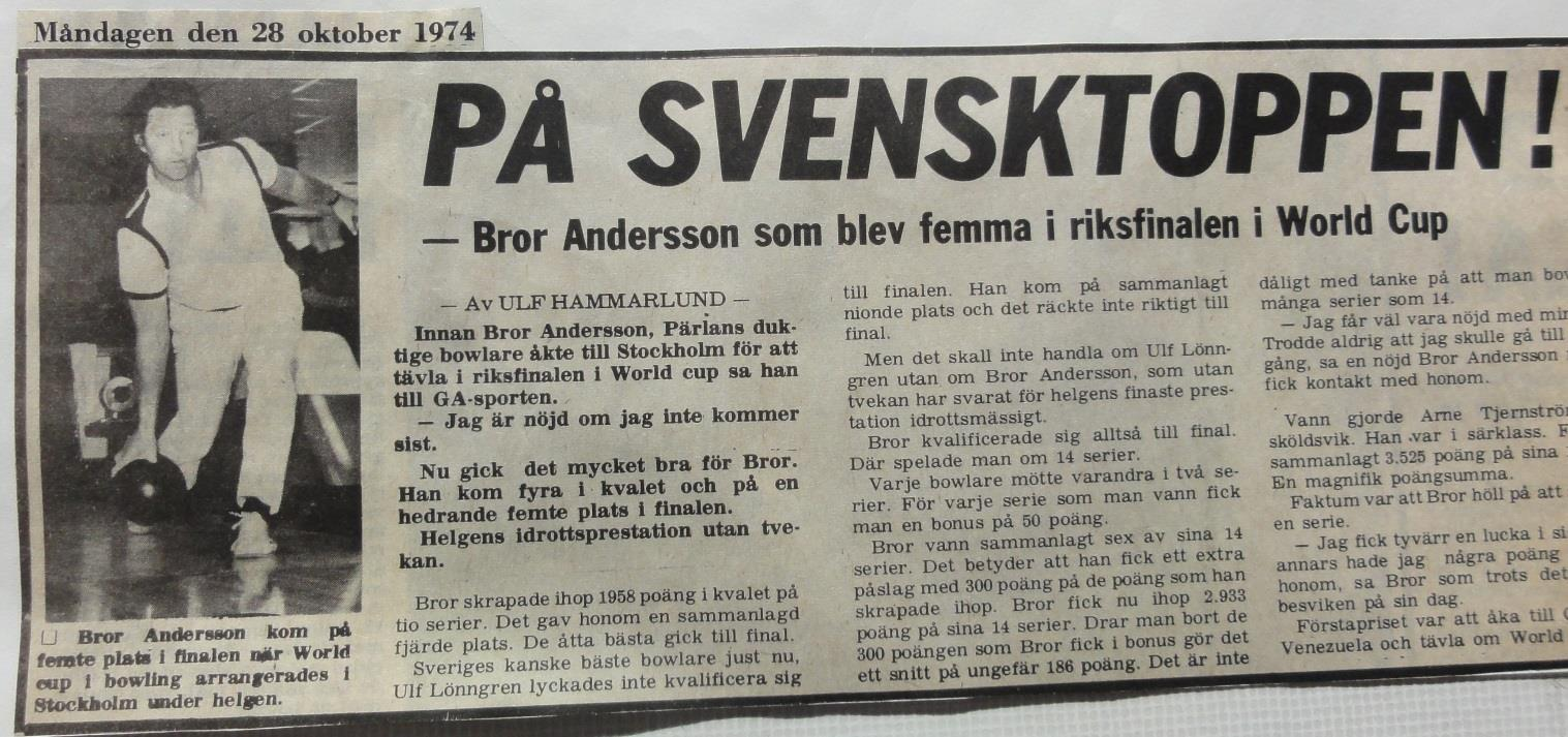 För Pärlan kom det att se mörkt ut våren 1974. Man kom näst sist i tabellen och tvingades nästa säsong 1974/1975 åter spela i div III. Bäst snitt under säsongen hade Gustaf Bäckman med 752 p.