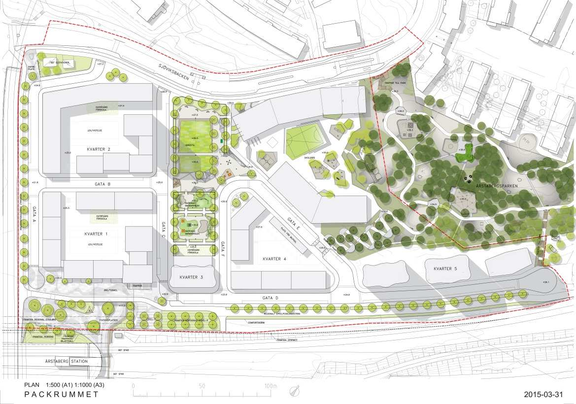 SID 9 (22) kvadratmeter/barn, Bostadsbebyggelse placeras närmast stambanan för att bidra till ett bullerskyddat läge för skolan. Planförslag.