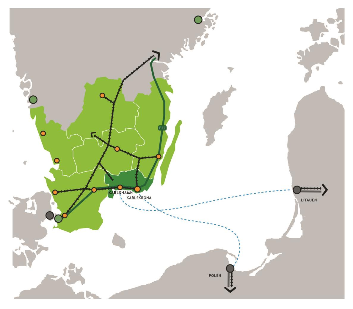 Blekinges infrastruktur med koppling till omvärlden Två och ½ järnvägar; Blekinge kustbana, trimning i ny plan Sydostlänken prövas i ny plan Kust till kustbanan E22; Lösen-Jämjö byggstart 2020