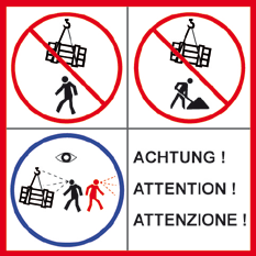 3.3 Dekaler Stå eller gå inte under hängande last. Använd ej på byggarbetsplats. Iaktta alltid hängande last.