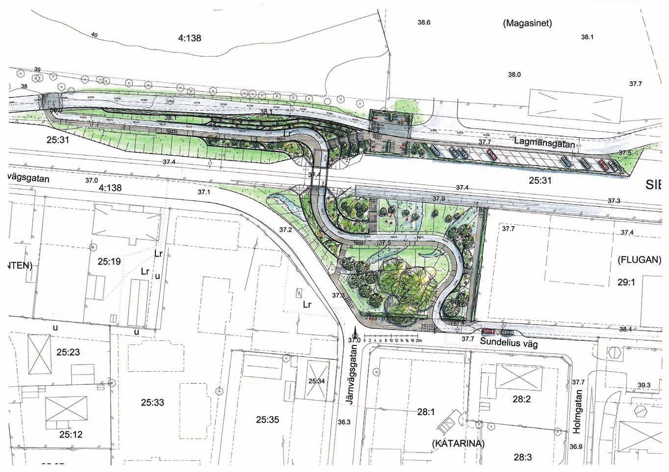 A Busk och perennplantering GC-väg Räcke Trappa med ramp Pendlarparkering 20 platser Stödmurar Stängsel Planskild gångoch cykelkorsning Cykelparkering ca 48 platser Bänk, papperskorg, cykelpump Häck