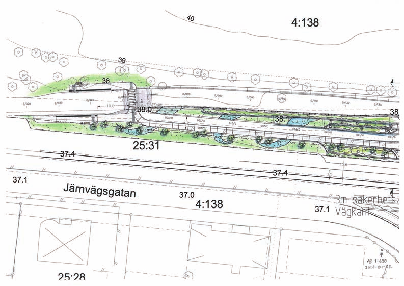 slås nya lövträd planteras. Sittplatser med snurrfåtöljer kan anordnas under träden i söder.