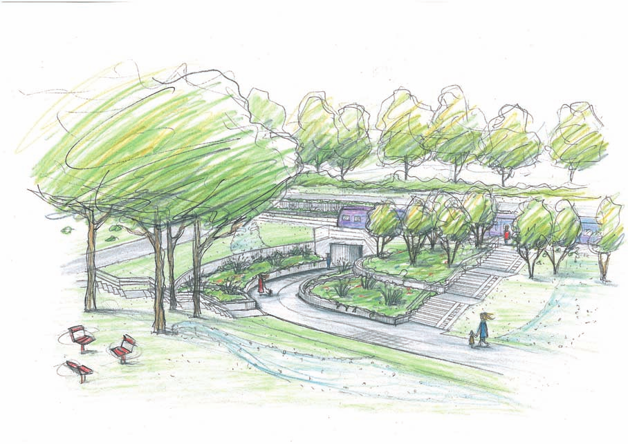 Illustration över planerad gång- och cykeltunnel med plantering, stödmurar och trappa upp mot Lagmansgatan. Illustration Atkins.