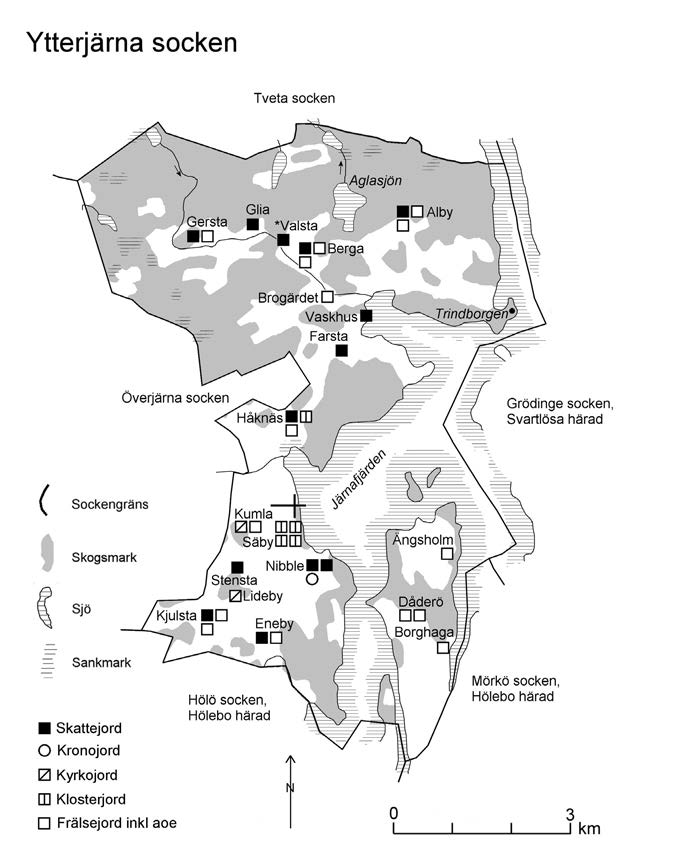 Ytterjärna 287 Kartan visar antal gårdar på 1550-talet (SöH). Angående klosterjorden (Solberga kloster), se inledningen s 11. Aglan 1494 Affla (RAp 12/1) 10 I, 1 a.